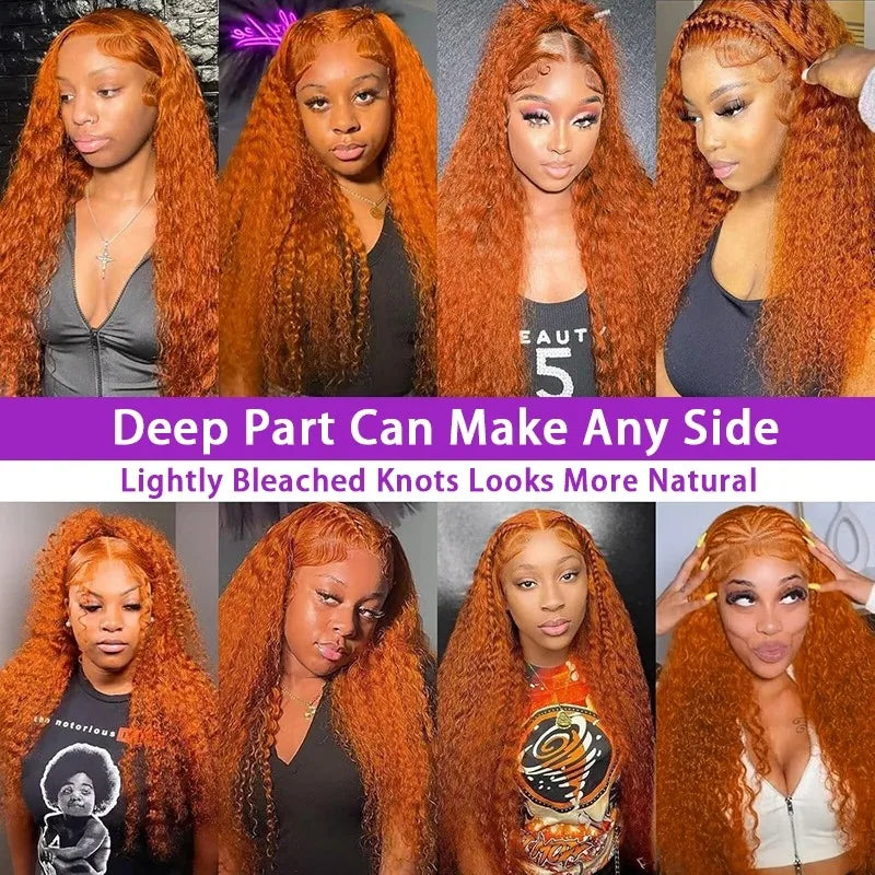 34 inch Orange Ginger Water Wave Lace Front Wigs