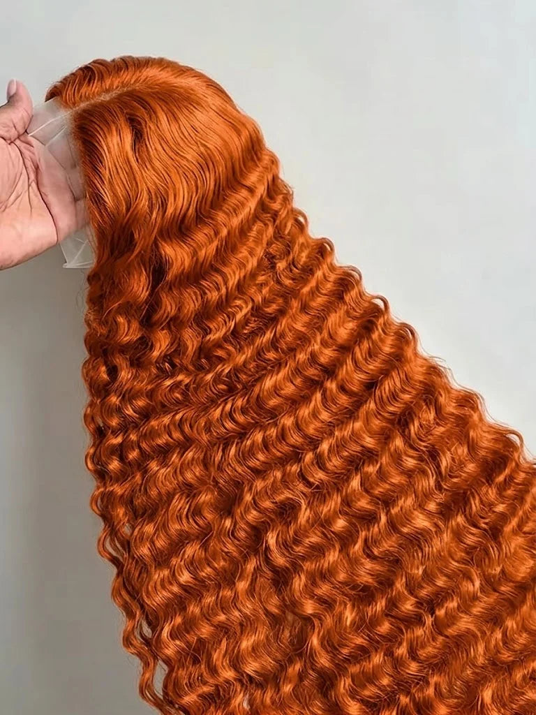 34 inch Orange Ginger Water Wave Lace Front Wigs
