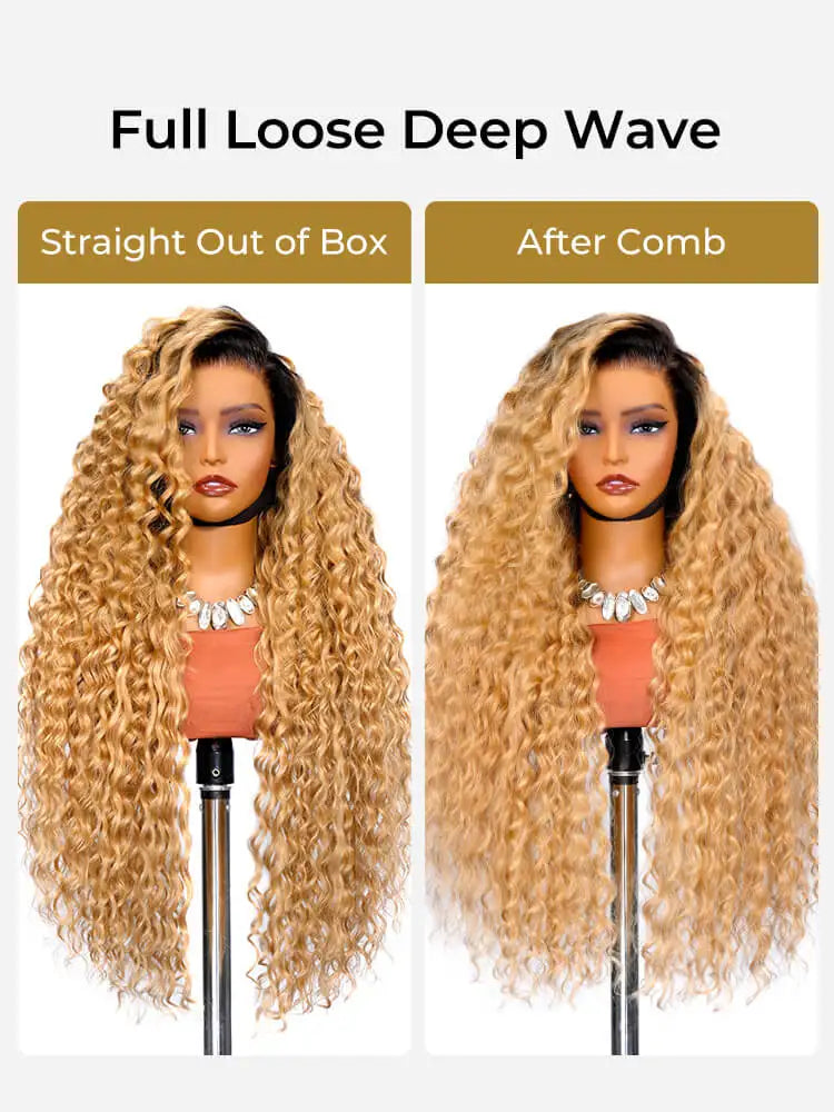 Black Roots Blonde Ombre Loose Wavy Human Hair 30 Inch 13x5 Lace Frontal Wig