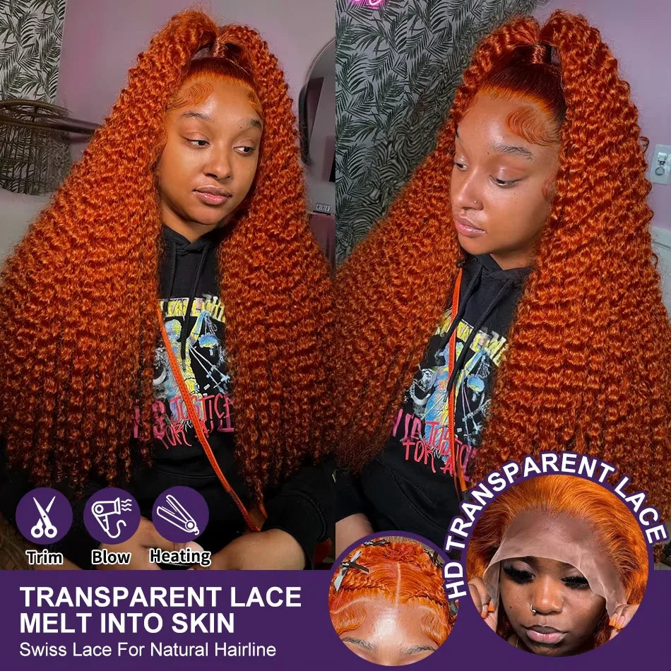 34 inch Orange Ginger Water Wave Lace Front Wigs
