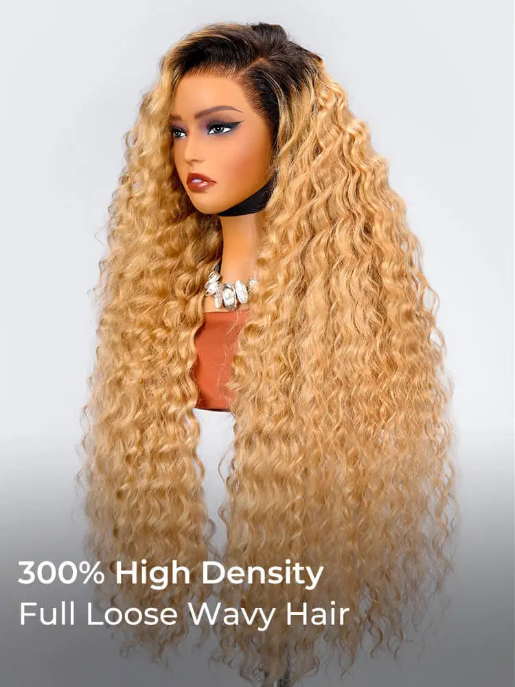 Black Roots Blonde Ombre Loose Wavy Human Hair 30 Inch 13x5 Lace Frontal Wig