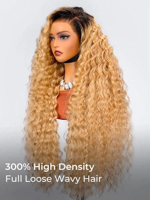 Black Roots Blonde Ombre Loose Wavy Human Hair 30 Inch 13x5 Lace Frontal Wig