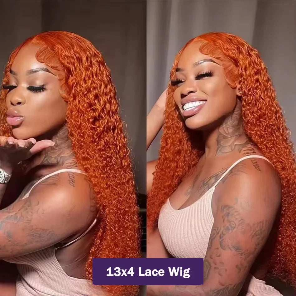 34 inch Orange Ginger Water Wave Lace Front Wigs