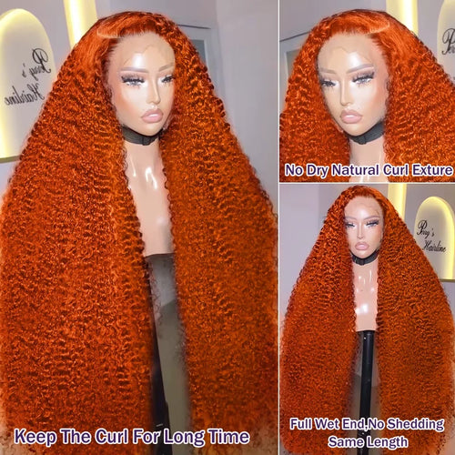 34 inch Orange Ginger Water Wave Lace Front Wigs