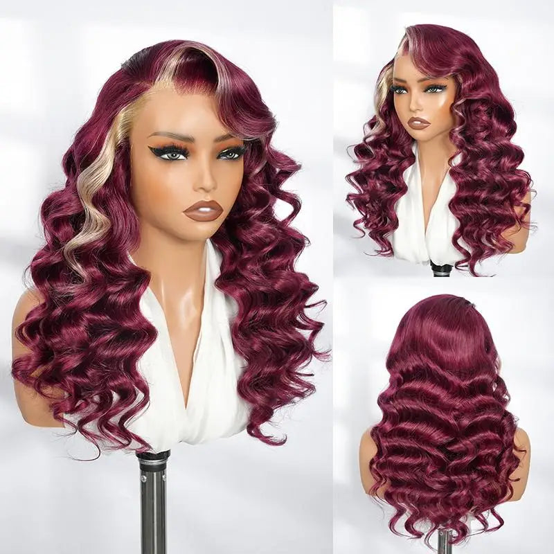 Burgundy With Blonde Ombre Human Hair Lace Frontal Wig