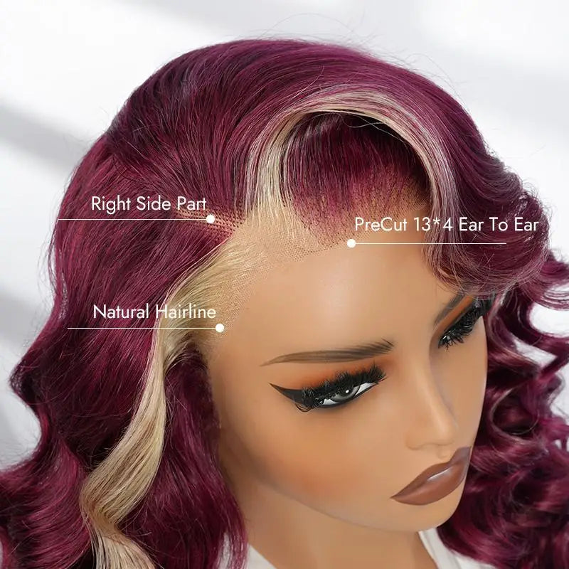 Burgundy With Blonde Ombre Human Hair Lace Frontal Wig