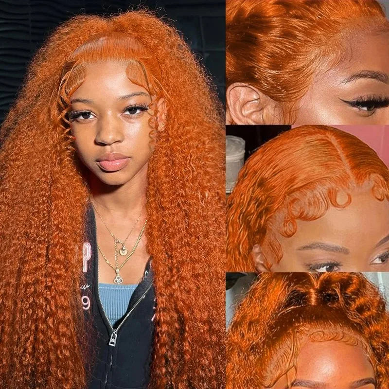 34 inch Orange Ginger Water Wave Lace Front Wigs